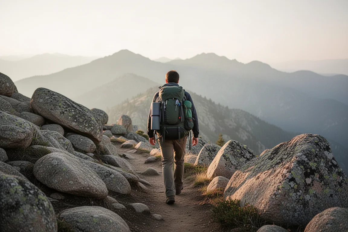 Hiker on a rocky ridge trail carrying a backpack
