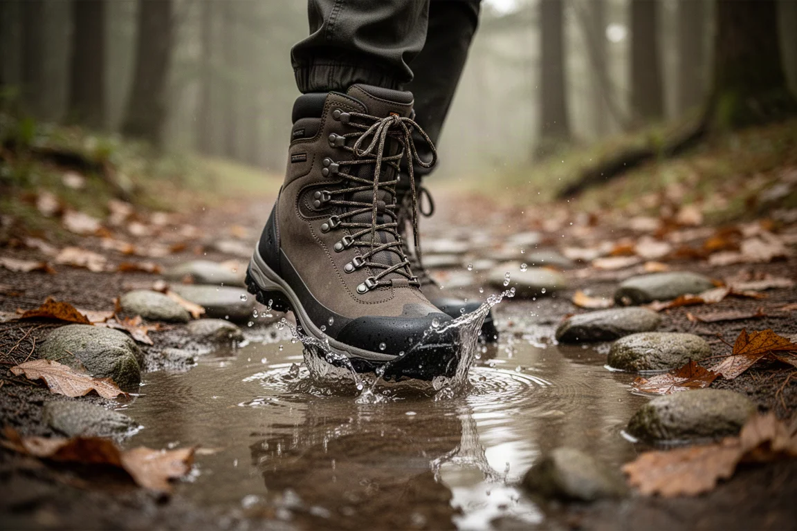 Waterproof hiking boot stepping into a shallow puddle on a forest trail