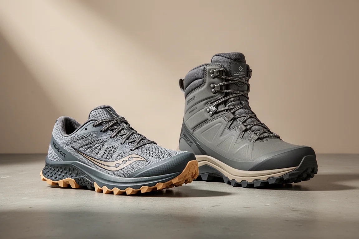 A trail running shoe and a waterproof hiking boot side by side on concrete