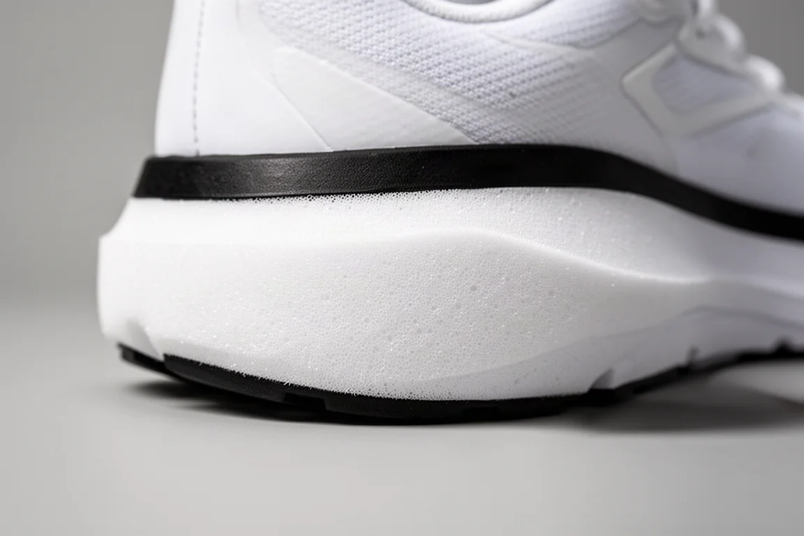 Detailansicht des dicken, weißen Midsole-Schaums eines Laufschuhs