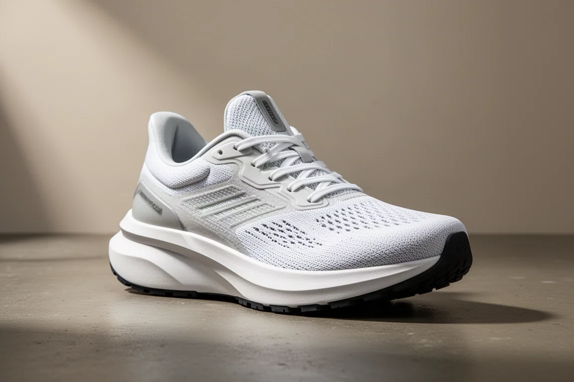 White Saucony Triumph 19 running shoe with thick midsole on concrete surface