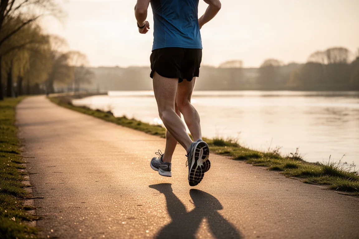 Läufer beim gemütlichen Joggen entlang eines Flussufers zur goldenen Stunde