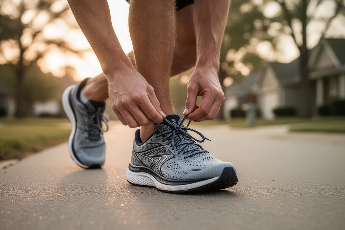 Läufer schnürt vor einem Lauf in den frühen Morgenstunden die Schnürsenkel eines gedämpften Laufschuhs