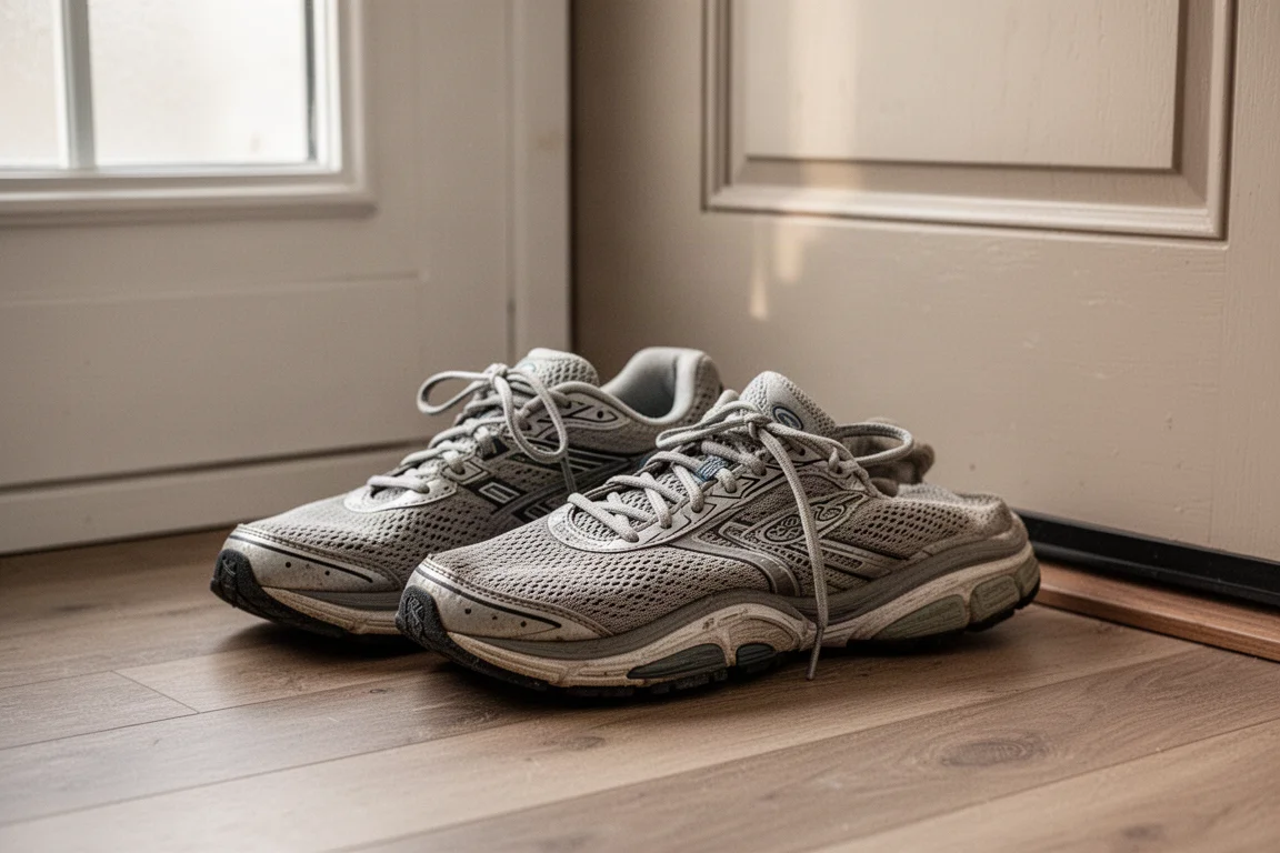 Abgetragene Laufschuhe ruhen nach einem langen Lauf vor der Haustür