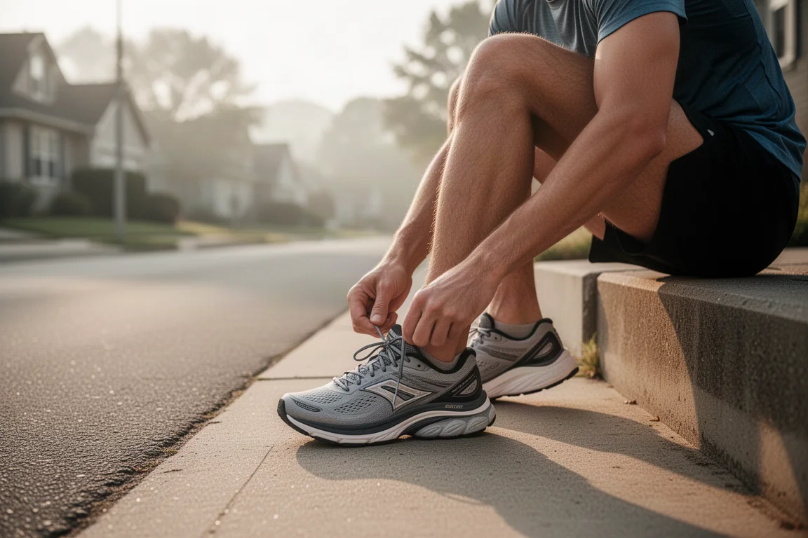 Un runner allaccia scarpe da running ammortizzate su una tranquilla strada di periferia