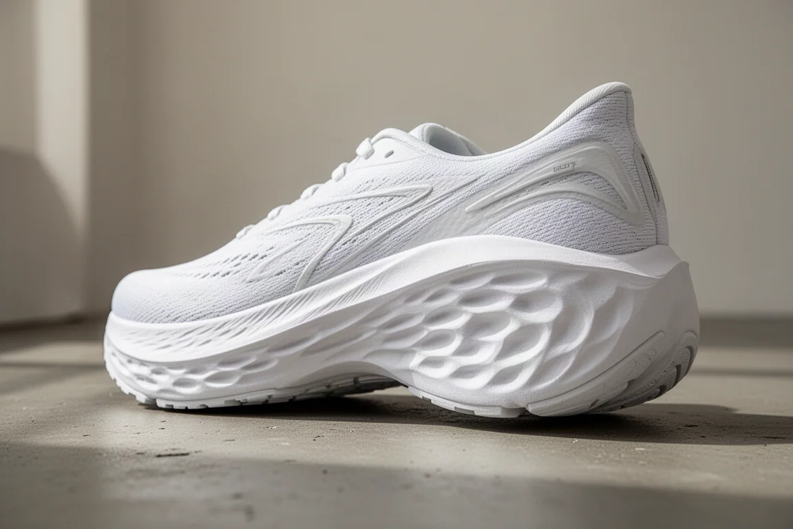 Primo piano della intersuola di una scarpa da running ammortizzata che mostra la texture della schiuma