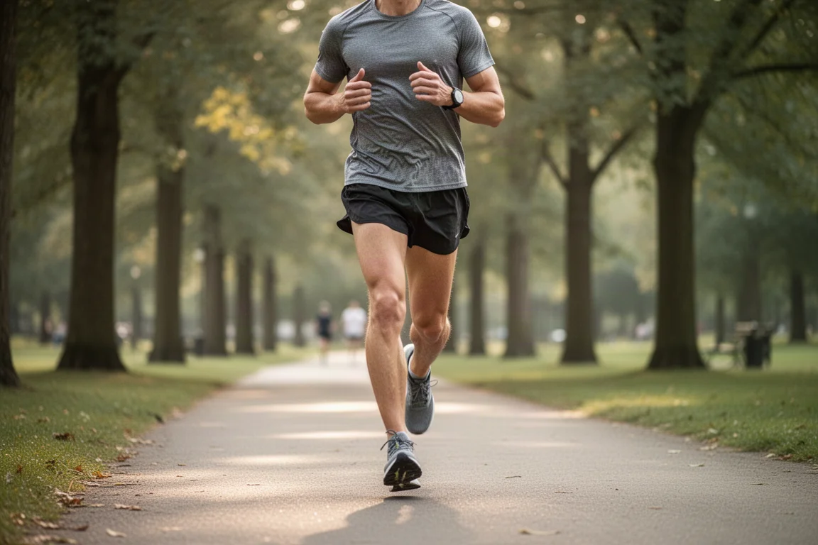 Un runner che corre a ritmo di allenamento lungo un viale alberato in un parco