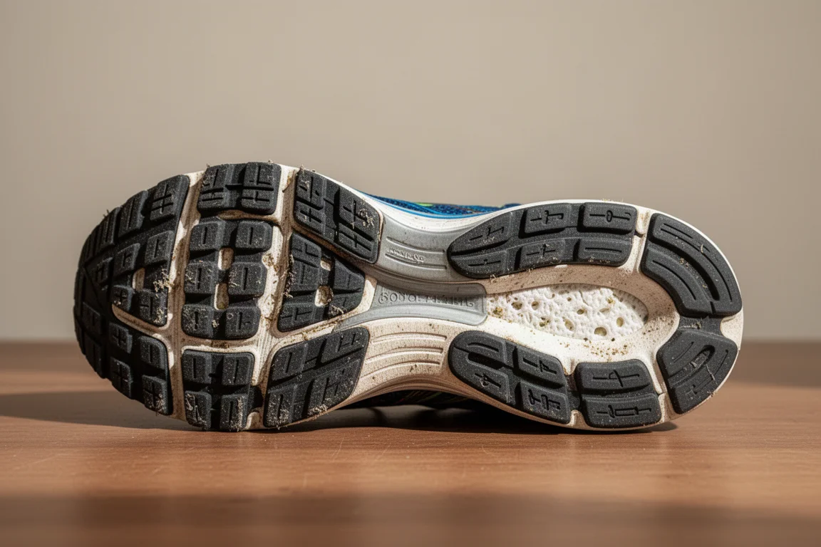 Primo piano della suola esterna consumata di una scarpa da running che mostra la copertura in gomma e la schiuma esposta