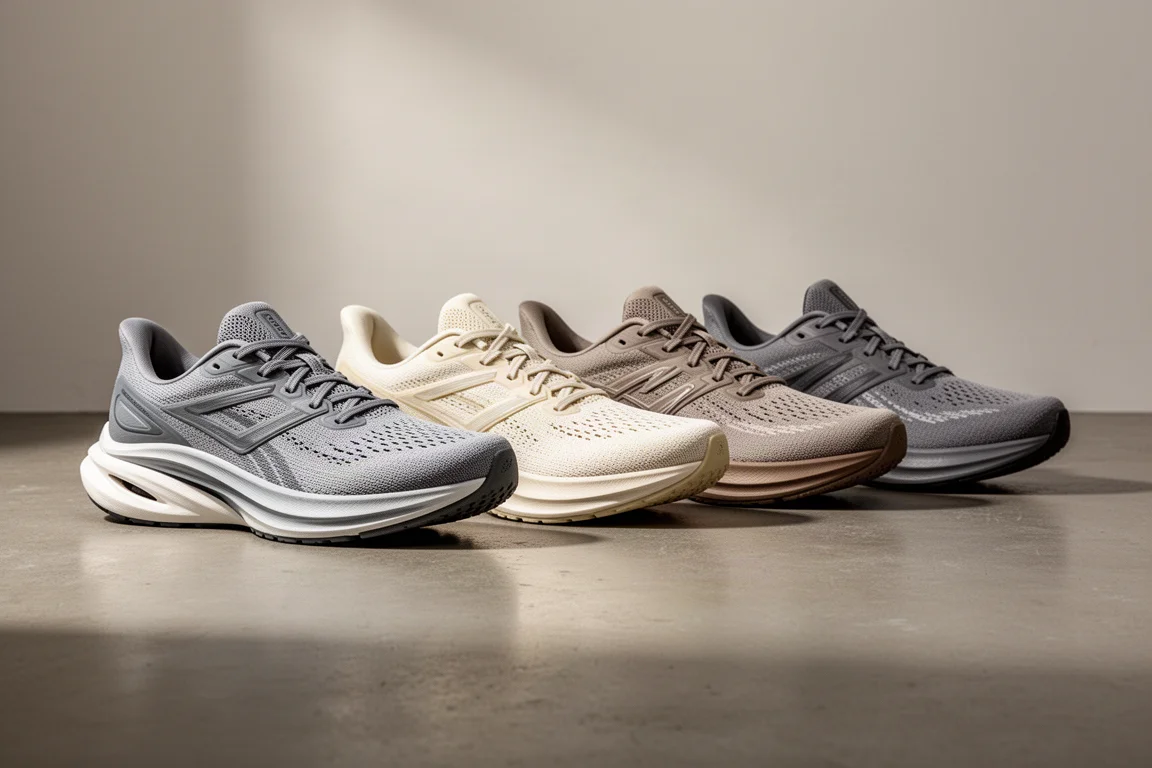 Lineup of five cushioned running shoes on a concrete floor