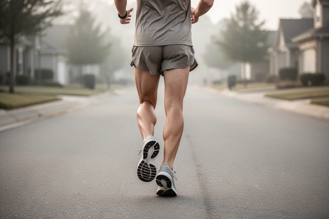 Runner easing into a slow jog on quiet suburban tarmac in soft morning light