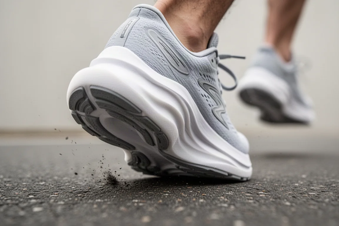 Close-up of thick white midsole foam compressing underfoot on a runner
