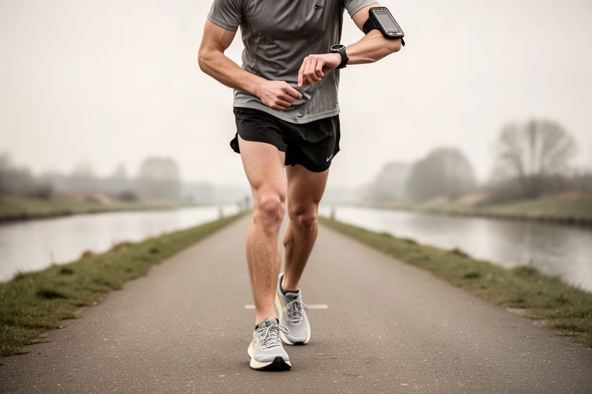 Runner checking pace on a sports watch beside a canal path