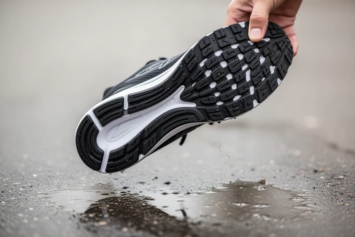 Worn rubber outsole of a running shoe photographed on wet pavement