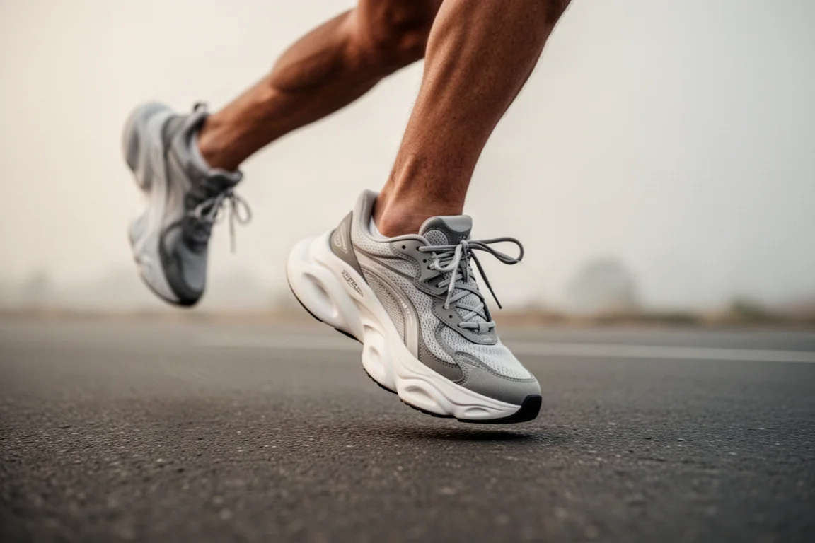 Un runner allaccia una scarpa da running ammortizzata prima di una corsa al mattino presto