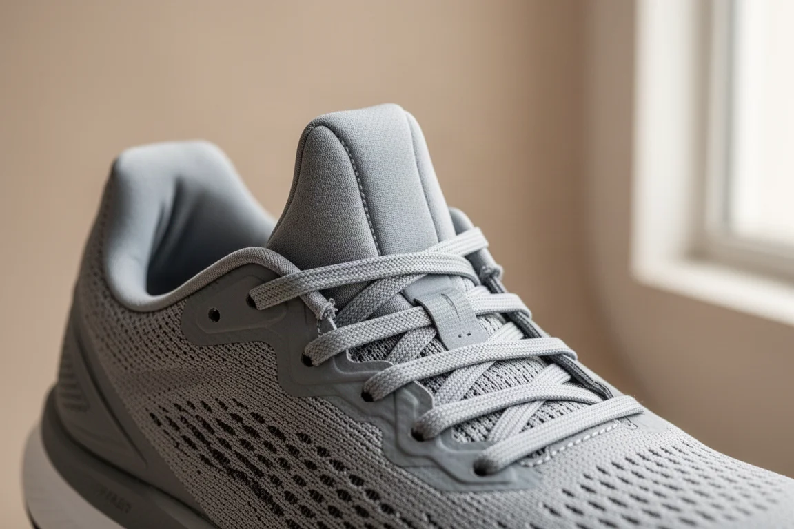 Primo piano della midsole ammortizzata di una scarpa da running con schiuma spessa e profilo a rocker