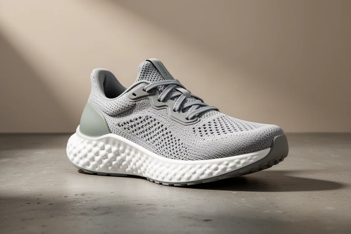 Blue and grey max cushion running shoe with thick white midsole on concrete