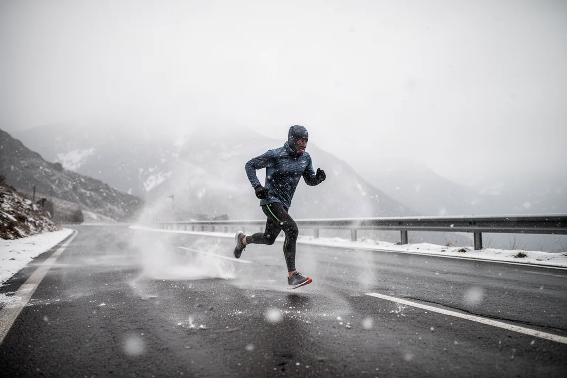 雪の積もる山道で、強い冬風に身を構えるランナー