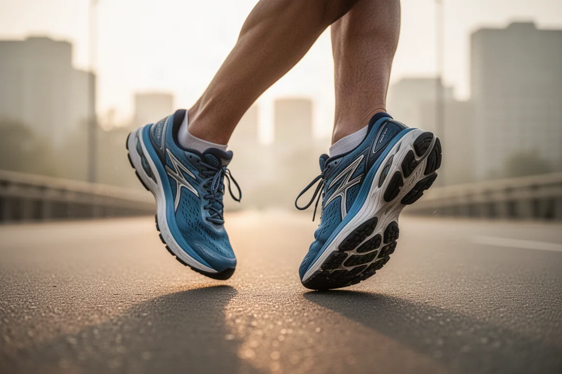 Pieds de coureurs dans des chaussures de running amortissantes sur le bitume lors d'un footing matinal facile