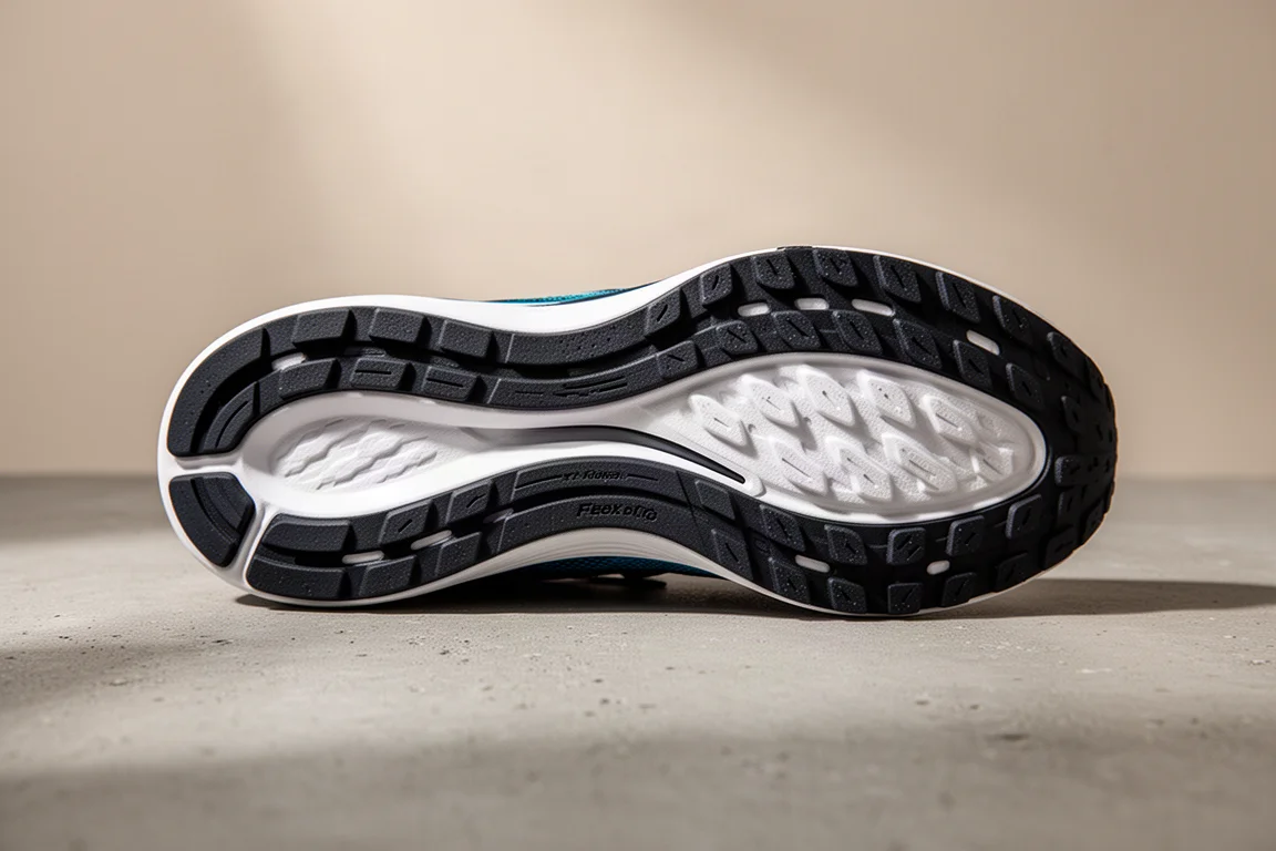 Gros plan sur la semelle extérieure d'une chaussure de running montrant l'adhérence et la couverture en durabilité