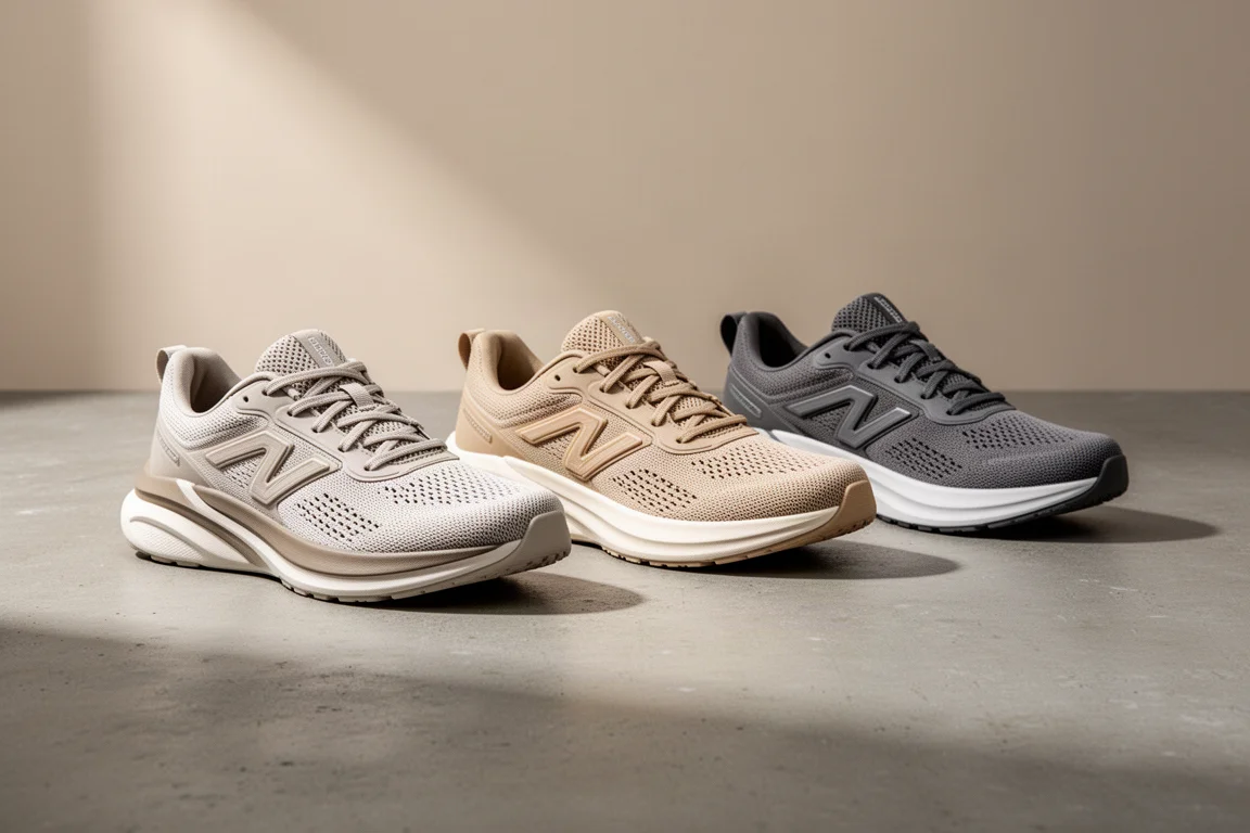 Three pairs of cushioned Saucony-style running shoes on a concrete surface