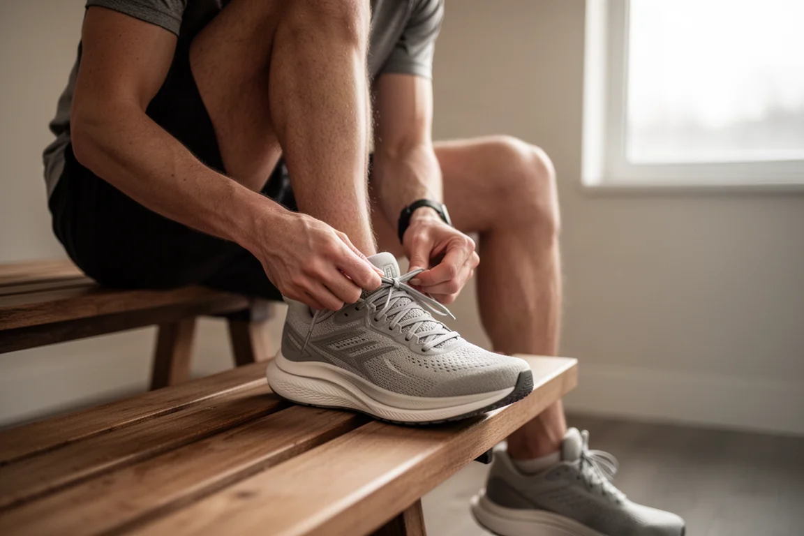Hardloper die een paar gecushionde hardloopschoenen strikt voor een rustige ochtendrun