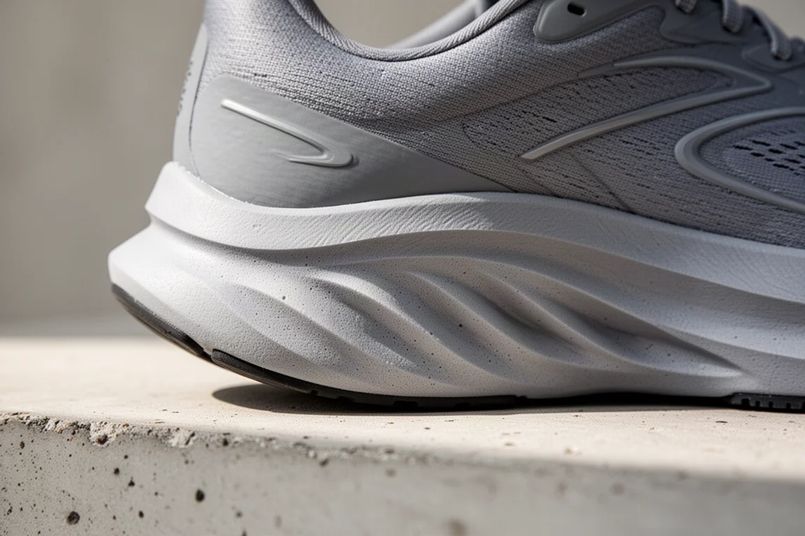 Close-up van het tussenzool-schuim van een gecushionde hardloopschoen met de rocker-geometrie