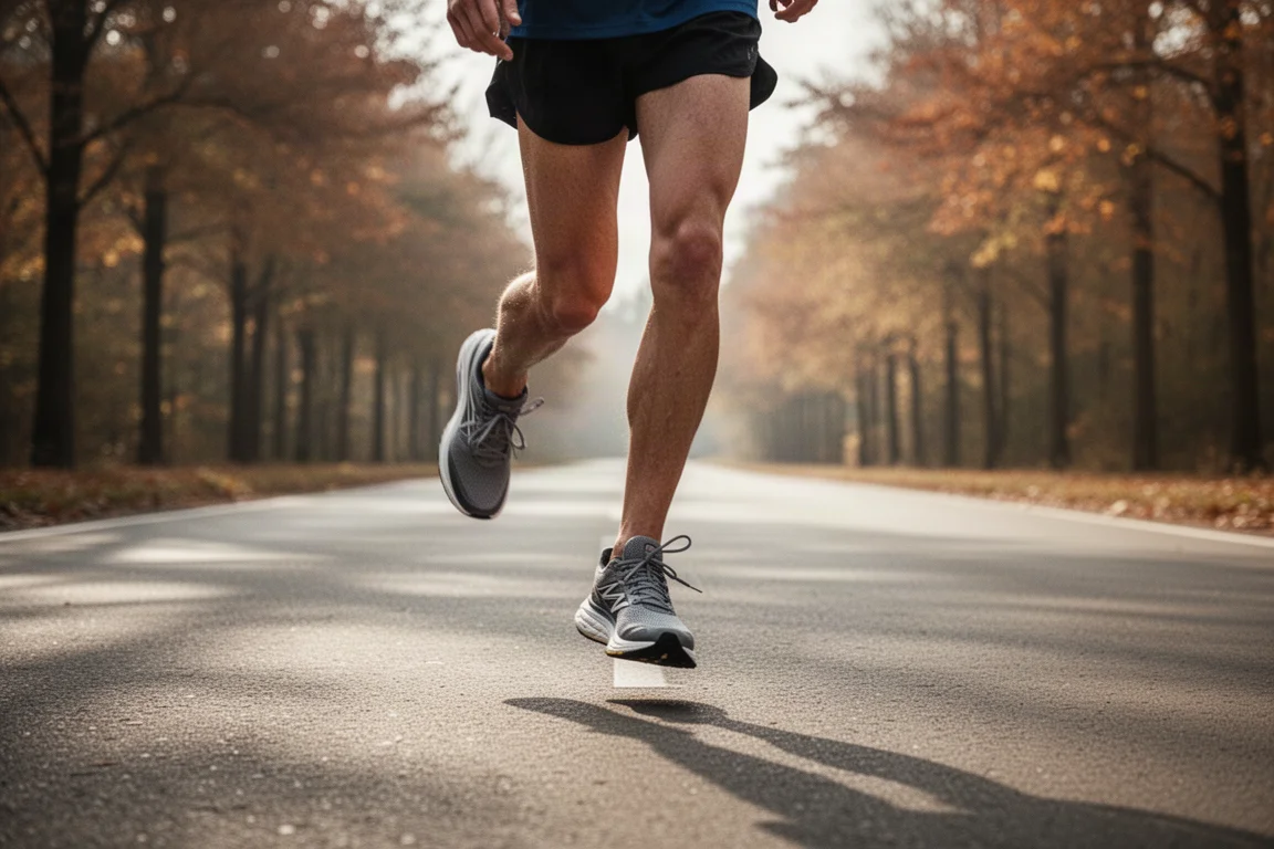 Hardlooper midden in een pas op een stille asfaltweg tijdens een lange duurloop