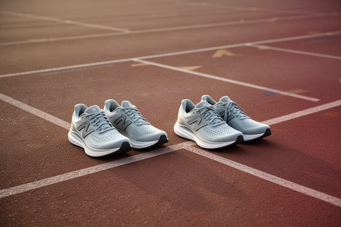 Twee paren gecushionde hardloopschoenen naast elkaar op een synthetische atletiekbaan