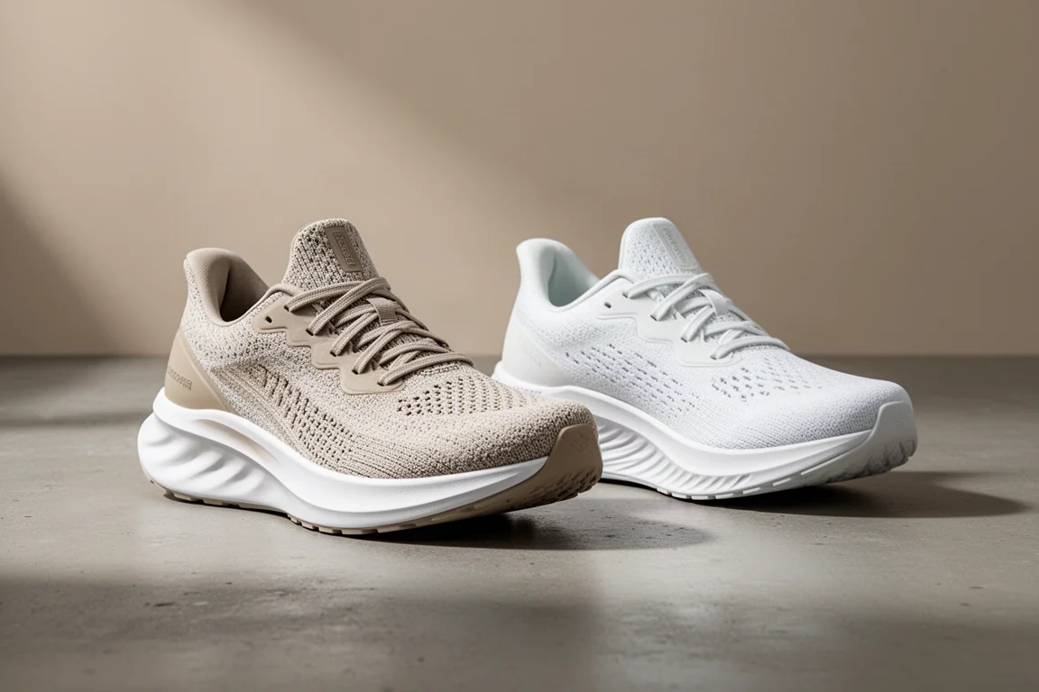 Two max-cushion Saucony running shoes side by side on a concrete surface
