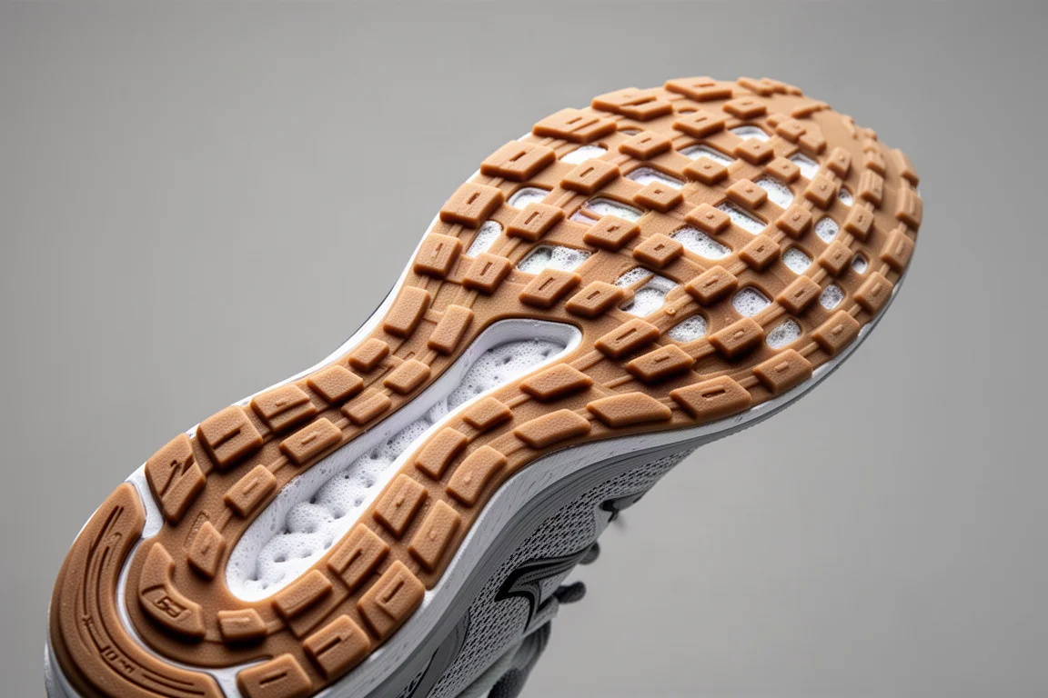 Close-up van een rubberen buitenzool met wafelpatroon op een hardloopschoen