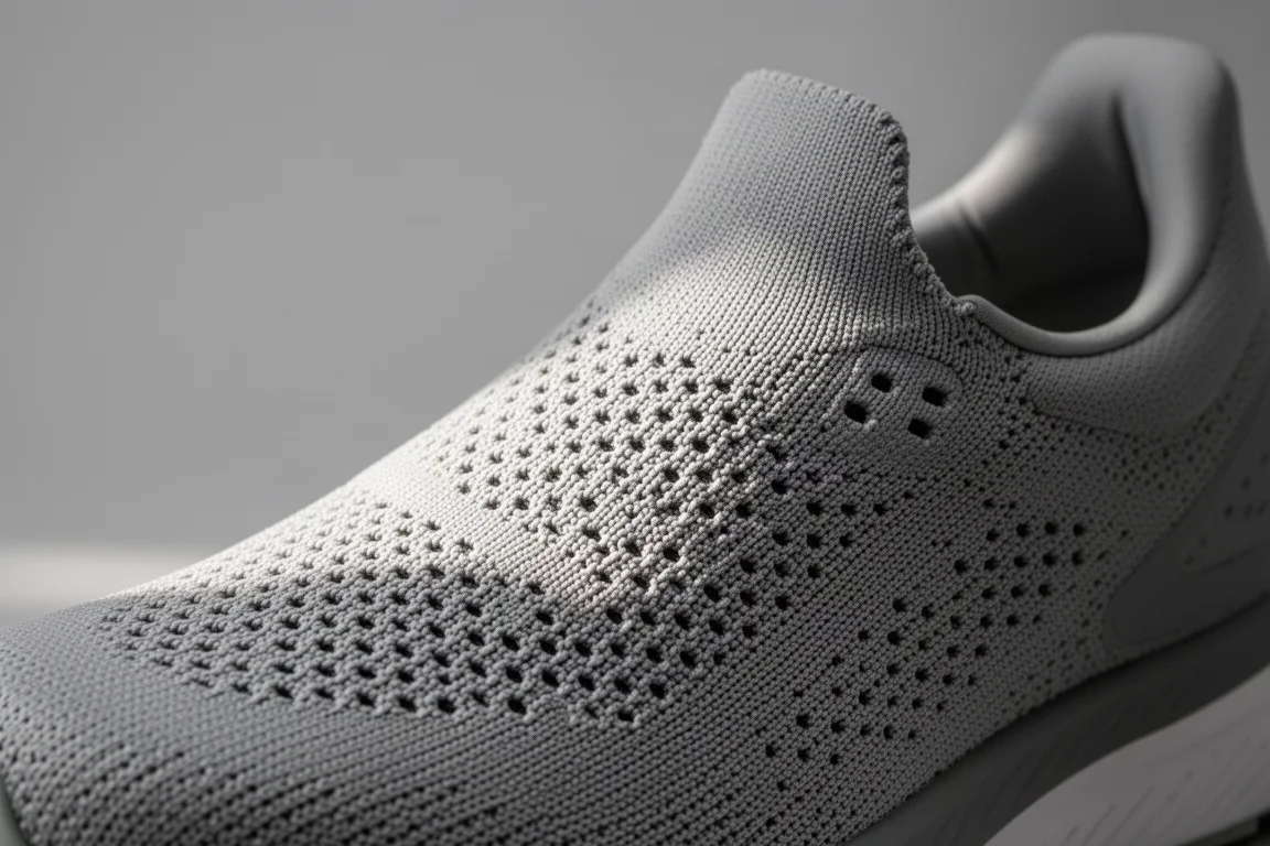 Close-up of a breathable knit running shoe upper with perforations across the toe box