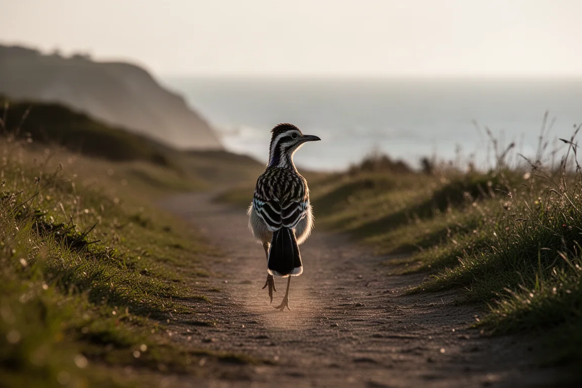 Road runner cruising along a sunny coastal path in warm weather