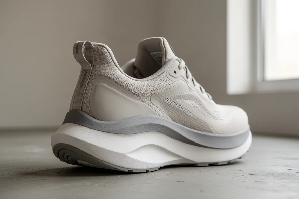 Close-up of a thick white cushioned running shoe midsole and heel collar