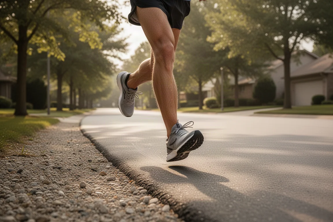 Runner stepping onto open tarmac on a quiet tree-lined road