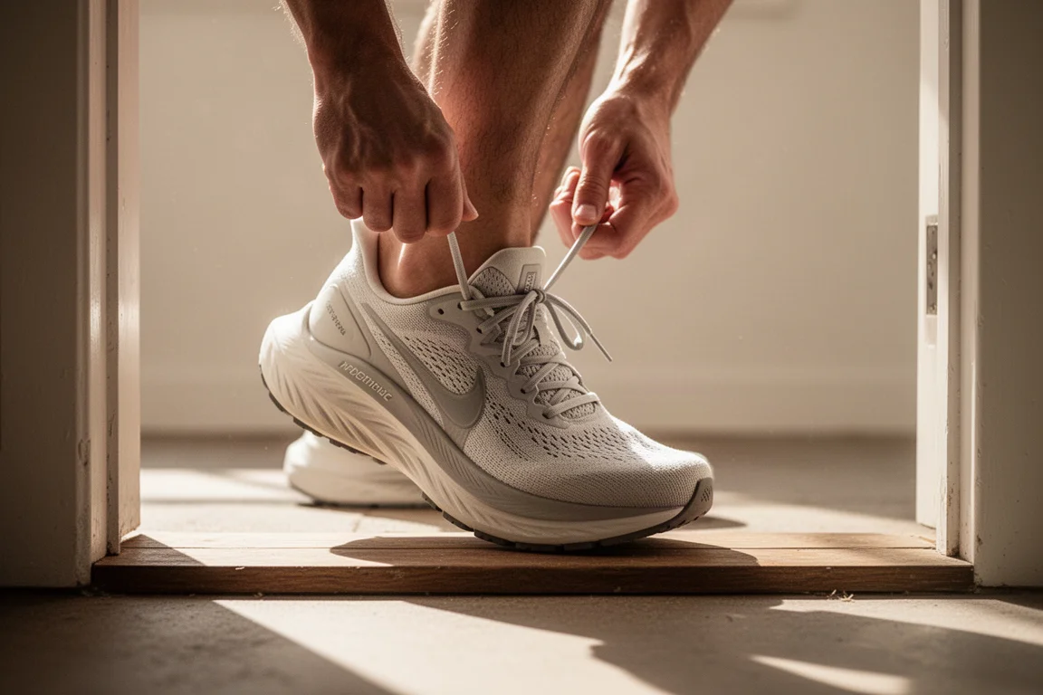 Gros plan sur la tige en maille respirante d'une chaussure de running, avec laçage et col rembourré visibles