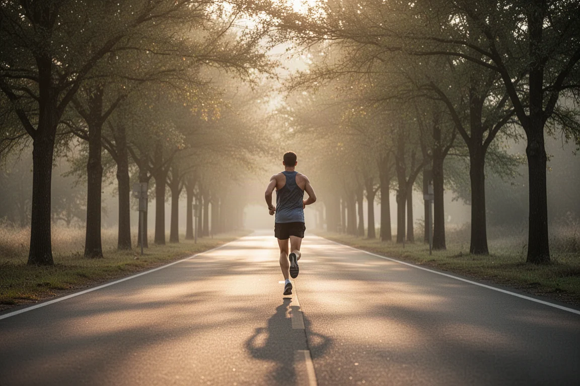 Un coureur récupère après une longue sortie sur une allée de parc en lumière du soir
