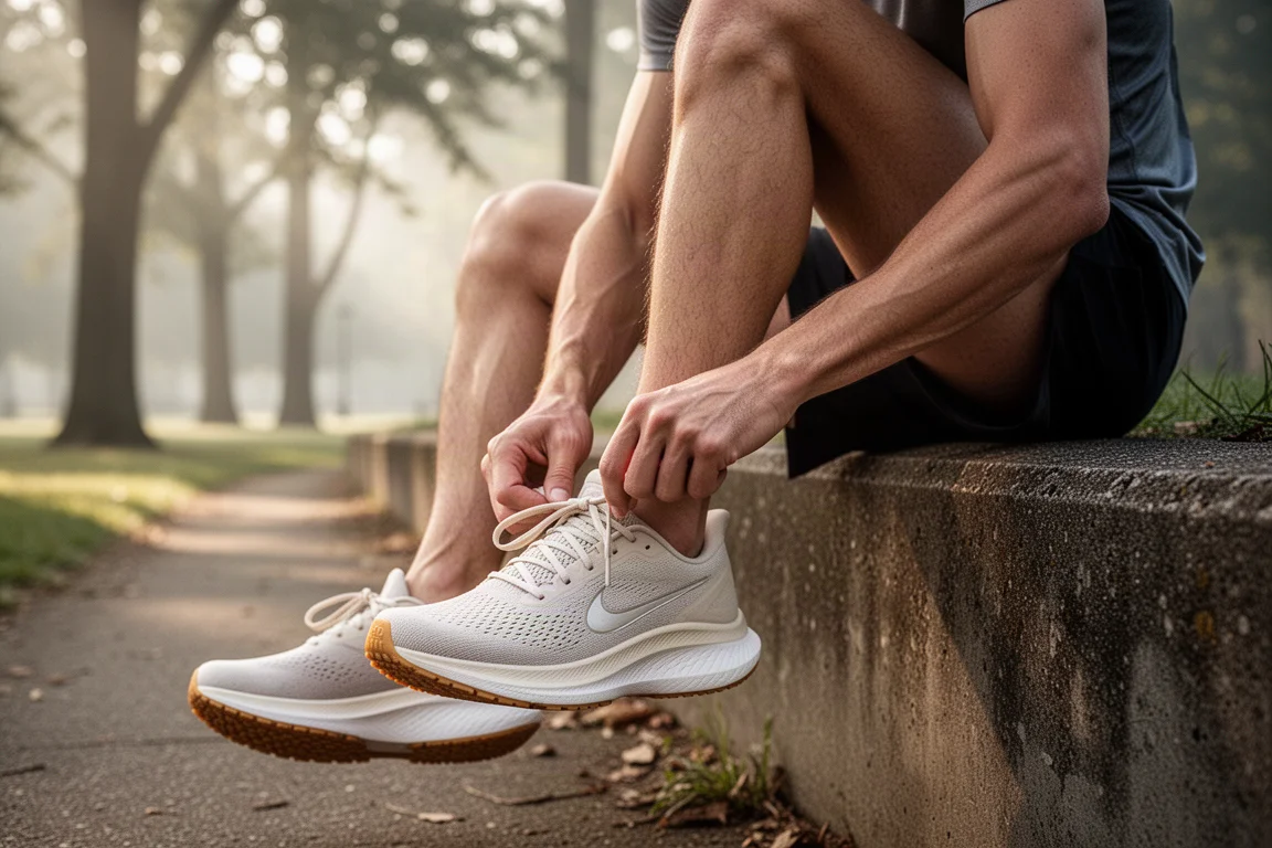 Runner che allaccia un daily trainer ammortizzato su un sentiero del parco alla luce del mattino