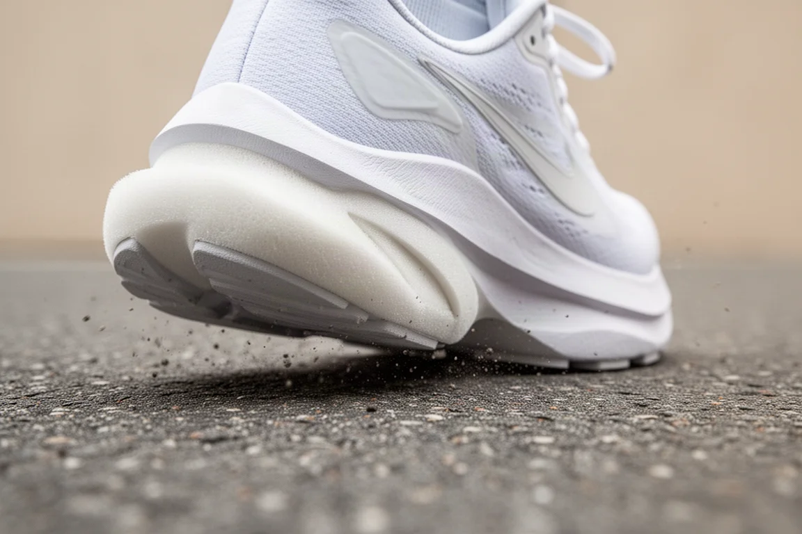 Dettaglio di una midsole bianca e spessa che si comprime sull'asfalto durante una corsa
