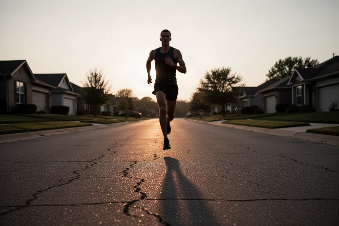 Runner che conclude un lungo chilometraggio lento al crepuscolo su una strada di periferia deserta