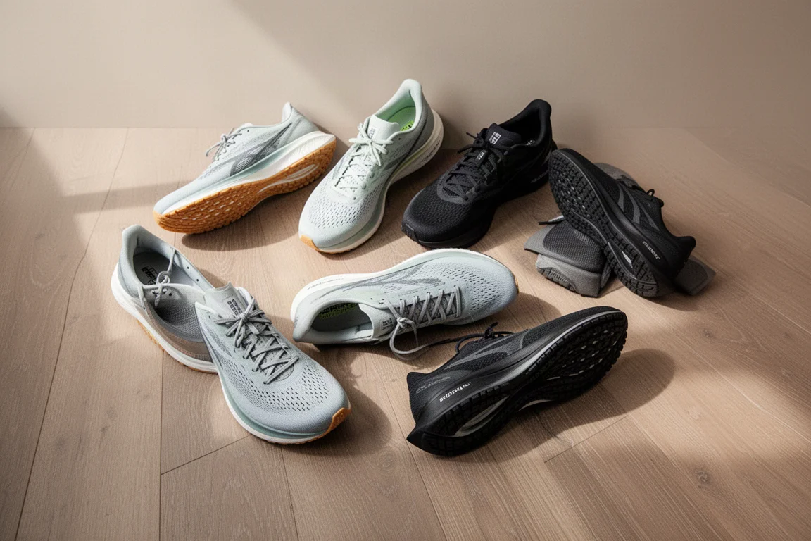 Scarpe da running su strada disposte in flat-lay su un pavimento in legno