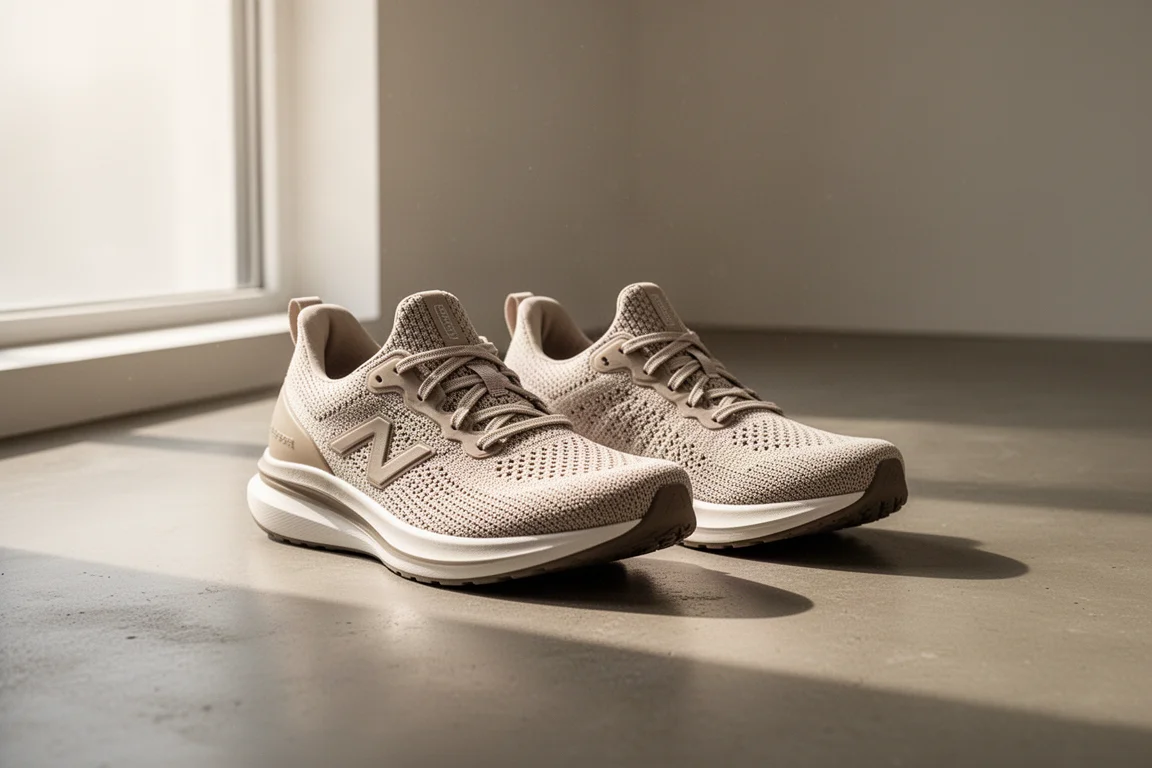 Two cushioned running shoes side by side on a concrete surface in soft daylight