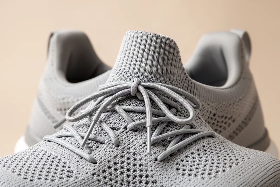 Close-up of a runner lacing a knit running shoe upper with padded collar