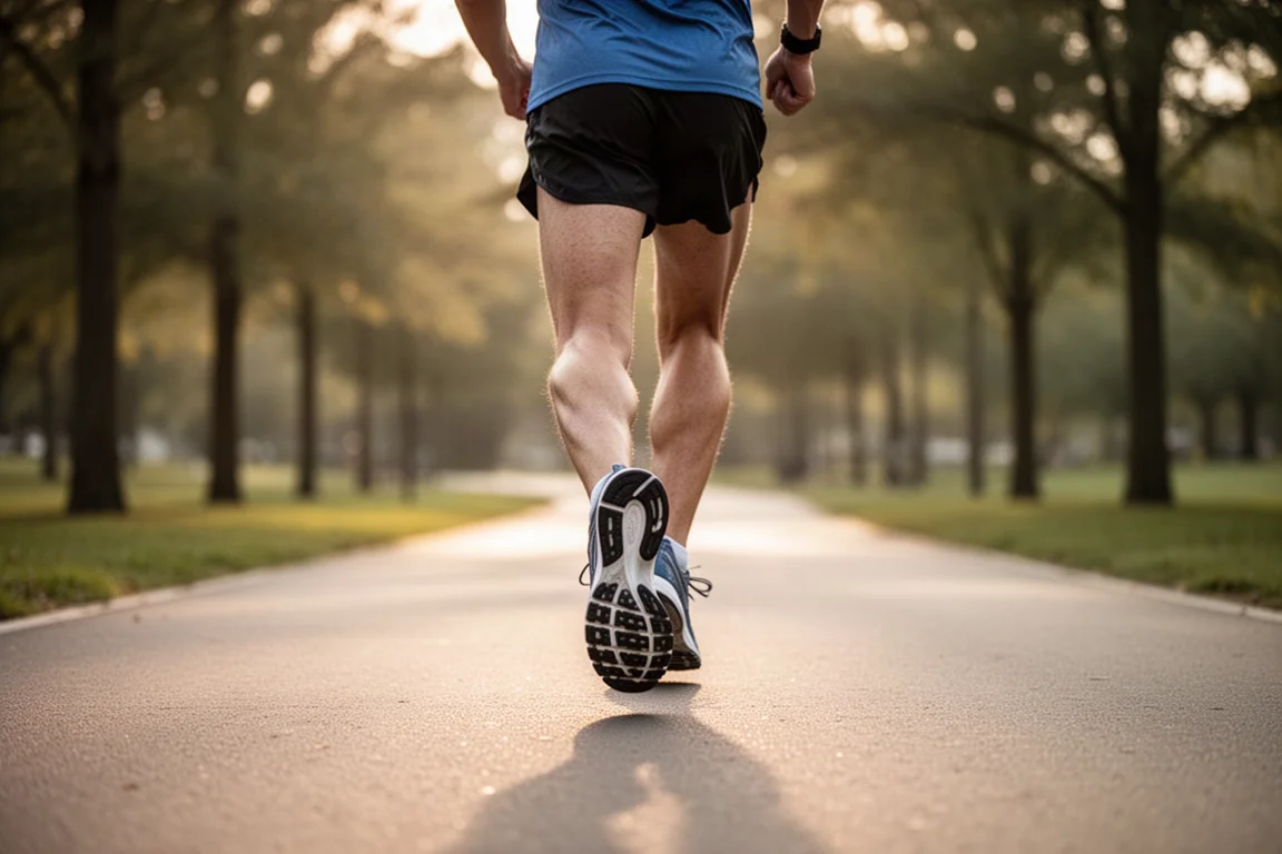 Runner settling into an easy pace on a paved park path in soft light