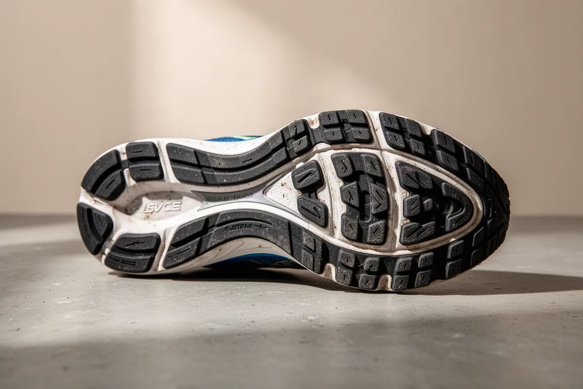 Close-up of a rubber running shoe outsole showing tread pattern on grey surface