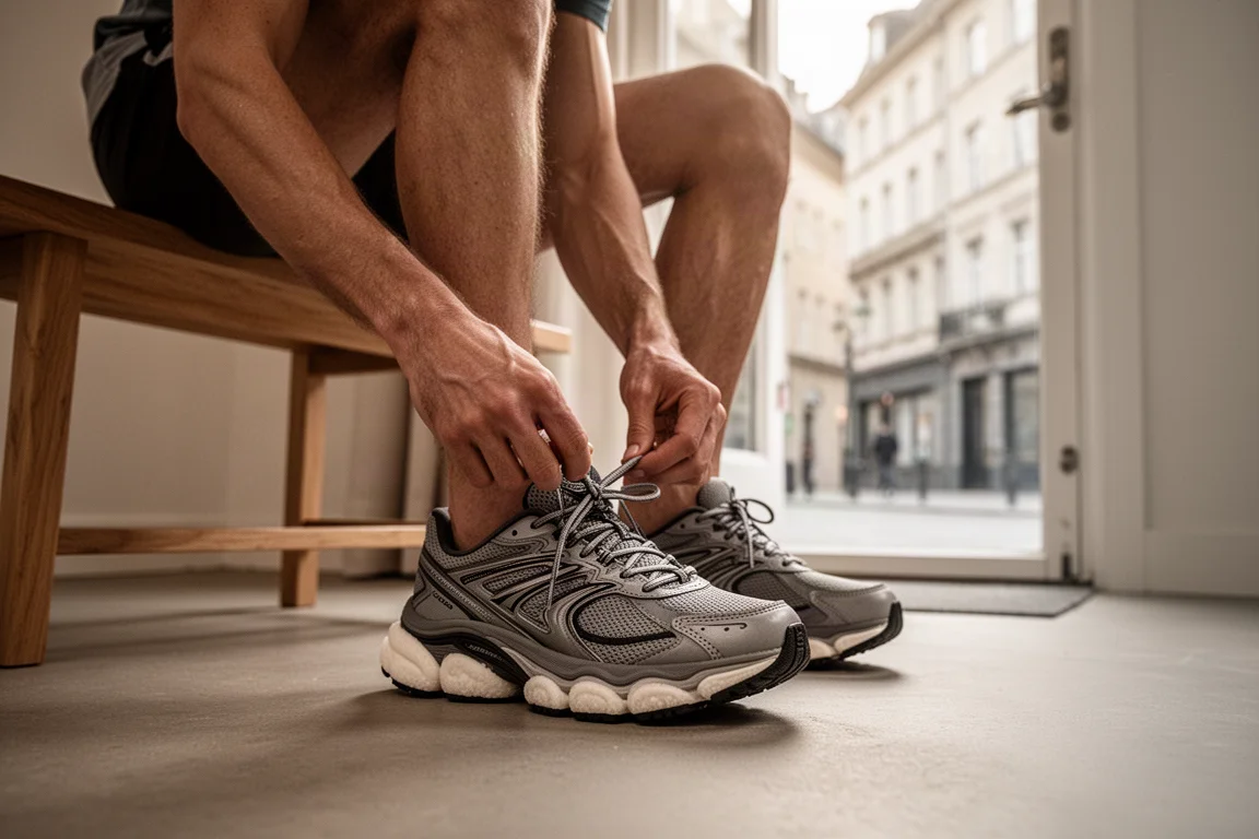 Runner lacing up cushioned running shoes before an easy run on quiet streets