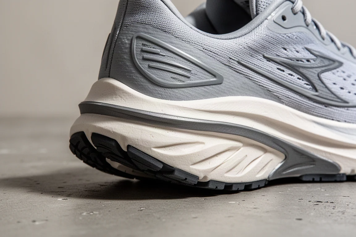 Close-up of a cushioned running shoe midsole and outsole showing foam and rubber coverage