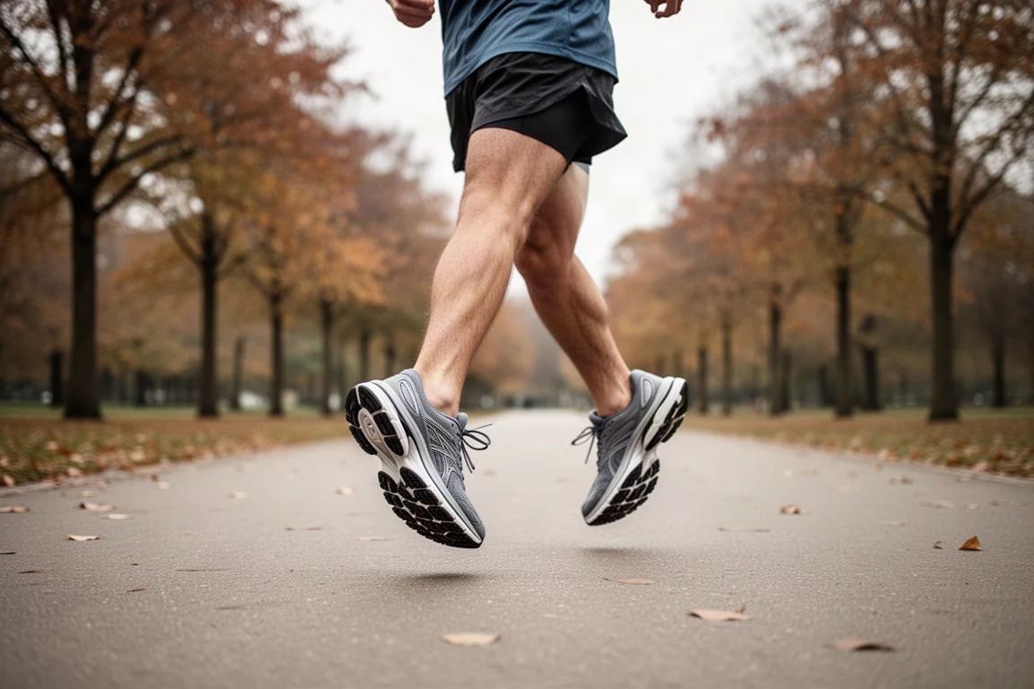 Runner moving along an easy miles route on a paved path in soft daylight