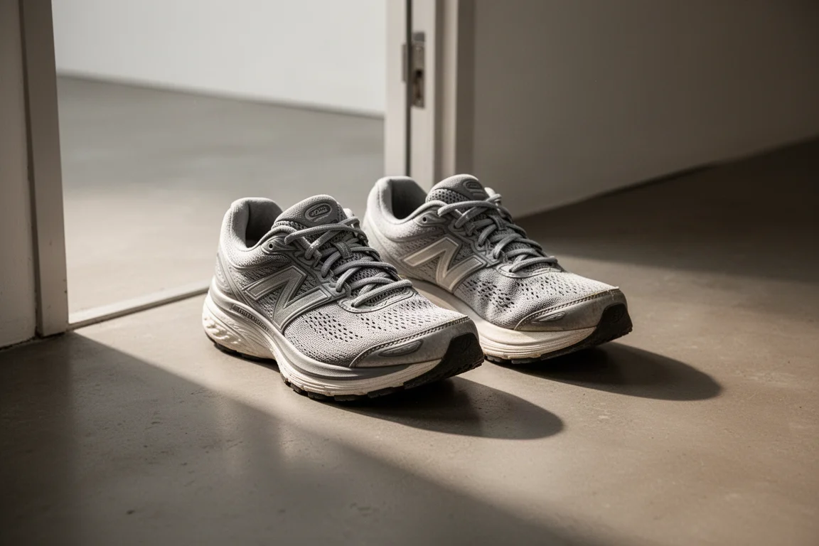 Two cushioned running shoes side by side on a concrete floor after a run