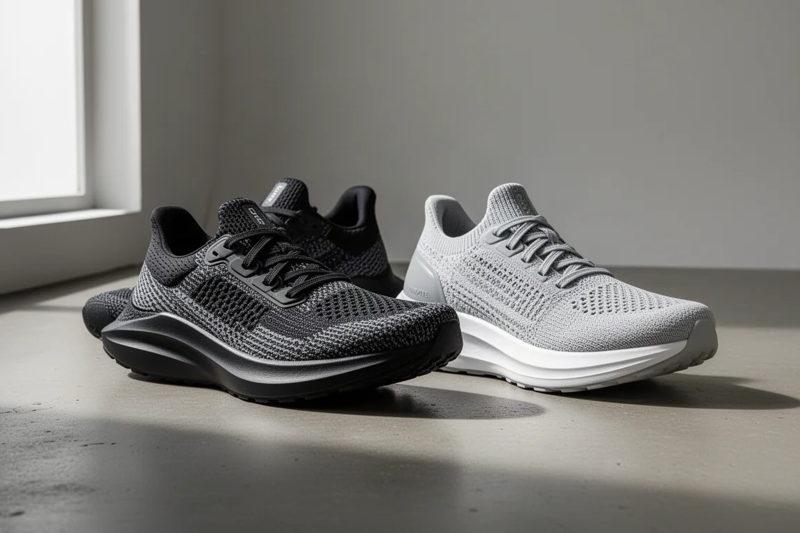 Two cushioned running shoes side by side on a concrete studio surface
