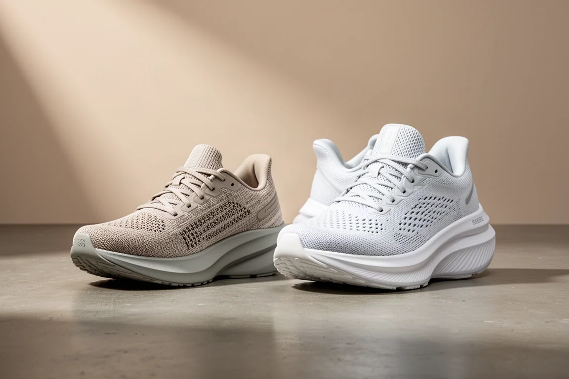 Two cushioned road running shoes side by side on a concrete studio floor